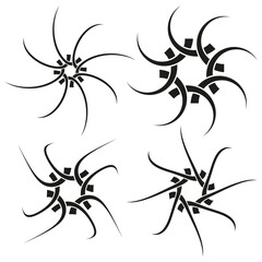Four black spiral shapes. Abstract star patterns. Radial swirl design. Vector contour elements.