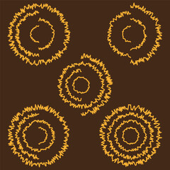 Five spiral pattern. Orange scribble line. Abstract rotation Vector shape. Dark brown background.