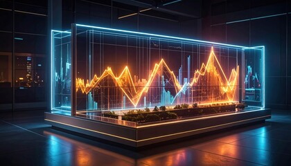 Futuristic Financial Data Display: Glowing Chart in Modern Office Setting