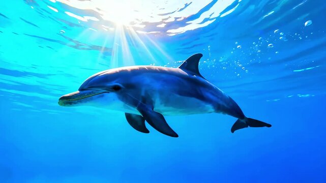 Dolphin swimming underwater ocean sunlight rays blue water marine life aquatic mammal tropical sea creature nature wildlife beautiful marine mammal mammal oceanography deep sea exploration