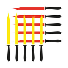Knives abstract set. Yellow handles blades. Dangerous Vector object. Cooking kitchen element.