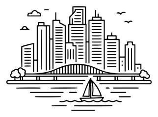 Cityscape line art illustration with bridge and sailboat on water
