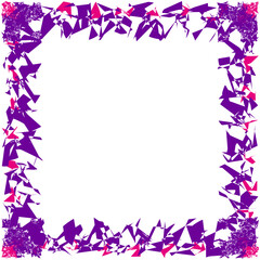 Abstract purple frame. Square splash border. Dynamic light pattern. Vector bright background.