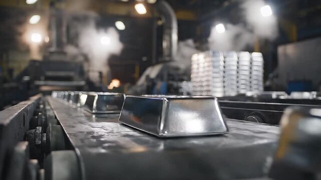 Factory conveyor belt moving newly minted plain silver bars cinematic shot