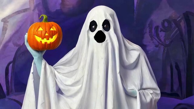 Ghost costume holding glowing jack o lantern spooky white sheet figure with carved pumpkin against dark purple background for halloween celebration festive decoration scary fun