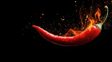 Keuken achterwand Hete pepers A red chili pepper is shown in mid-air with flames and sparks around it. The dark background highlights the intense colors of the pepper and fire, creating an exciting cooking moment  © Ilona
