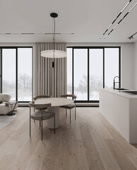 Minimalist dining area with round table, modern chairs, pendant lighting, and large windows in a bright contemporary apartment.