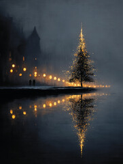 Christmas card with fir tree, AI art illustration. New Year