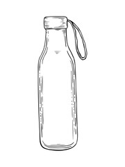 Metal water bottle or thermos with carry strap vector isolated illustration painted by black inks. Monochrome reusable drinkware sketch for fitness blogs, outdoor activity guides, product packaging