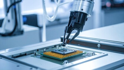 Fototapeta premium Robotic Arm Precision: Handling Microchip in Cleanroom Environment