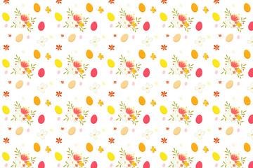 Cute Easter seamless pattern with colorful eggs spring flowers and small blooms on white background ideal for cards fabric and packaging.