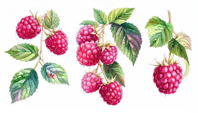 Watercolor Raspberry Branches: Botanical Illustration of Ripe Berries and Green Leaves