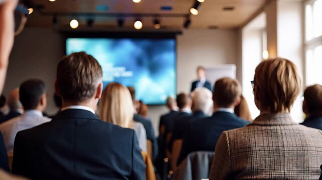 Business conference audience attends corporate presentation in modern meeting room. Professional seminar features speaker at front with projection screen while attendees in formal attire listen from