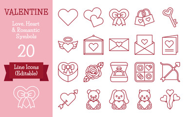 Valentine line icon set featuring hearts, love symbols, gifts, flowers, and cute animals. Perfect for romantic designs, greeting cards, apps, websites, ads, and seasonal Valentine projects.