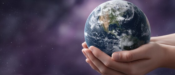 World held in hands with purple background and stars showing the concept of global unity and connection for business and peace
