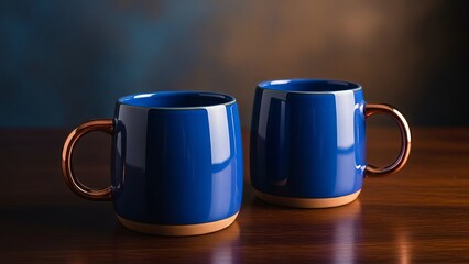 Stylish blue ceramic mugs with copper handles on wooden table  