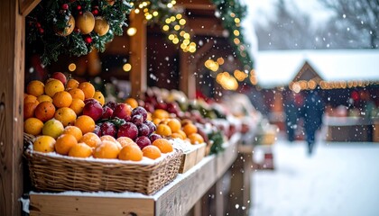 Festive Winter Market: Snow-Dusted Fruits, Sparkling Lights, Holiday Cheer