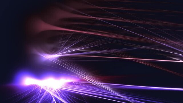 Futuristische dynamische Lichtstrahlen die sich in verschiedene Richtungen im Raum ausbreiten, Technologie, Technik, Daten, Visualisierung, Zukunft, High-Tech, modern, Wissenschaft, schwarz, violett