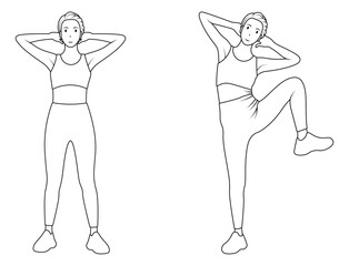 Line art of a woman standing side crunch.