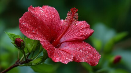 Obraz premium Bright Red Hibiscus Flower with Water Droplets on Petals Surrounded by Green Foliage in Natural Light Environment