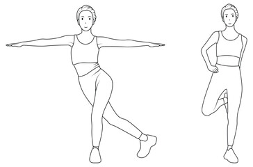 Line art of a woman is doing a balance and single-leg stance pose.
