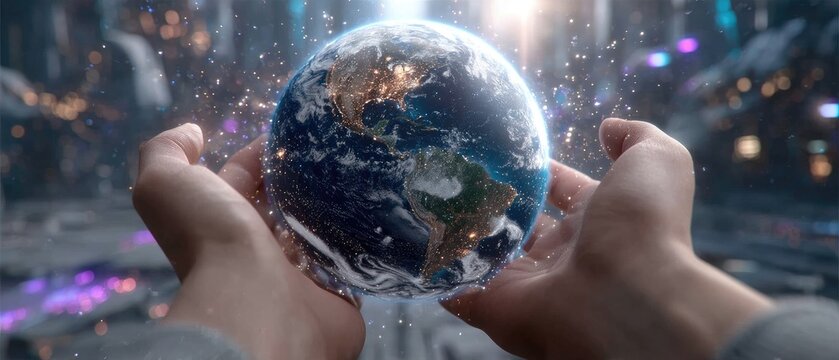 Hands hold planet earth surrounded by glowing lights and sparkles in a vibrant, colorful setting at an imagined moment in time