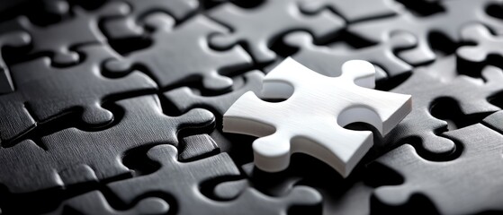 Black jigsaw puzzle with missing white piece showing need for completeness in knowledge and understanding on a dark background