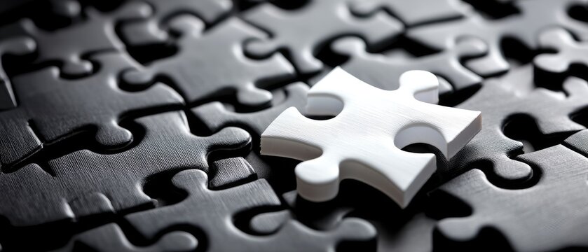 Black jigsaw puzzle with missing white piece showing need for completeness in knowledge and understanding on a dark background