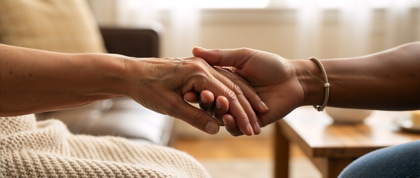 A younger person gently holding an older person's hand in a gesture of support. Close-up on hands showing care, compassion, and intergenerational connection