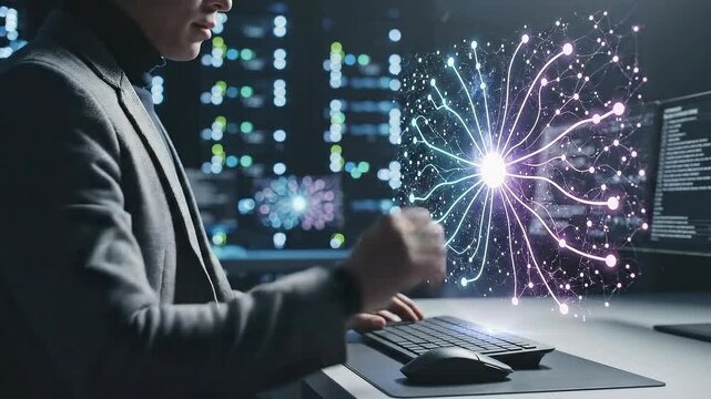 Person working on computer with glowing neural network visualization.