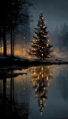 Christmas card with fir tree, AI art illustration. New Year