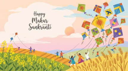 Naklejka premium a vibrant illustration featuring kites soaring above stylized fields set against a soft pastel backdrop with ample negative space for makar sankranti
