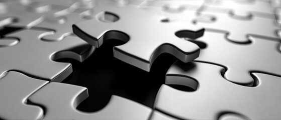 Jigsaw puzzle with one piece missing shows challenge of teamwork in finding solutions against a dark background