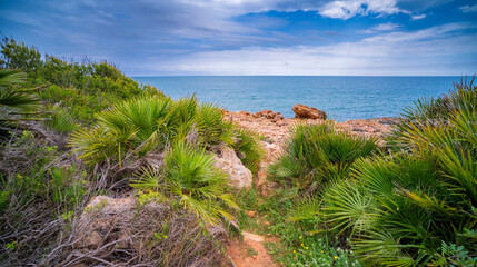 Walking Coast Path, Sierra de Irta Natural Park, Costa de Azahar, Bajo Maestrazgo, Castell&oacute;n, Comunidad Valenciana, Spain, Europe