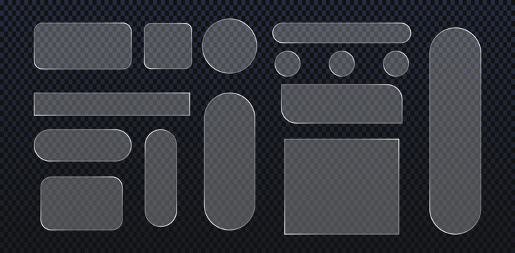 Set of transparent glass ui elements, buttons, and panels with rounded corners and different shapes for web and mobile application design
