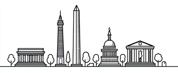 Obraz premium The presidents day monument line illustration showcases elegant iconic presidential memorials in minimal linear style
