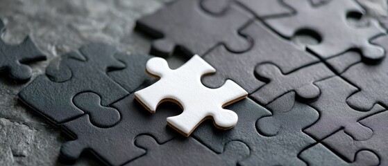 Black jigsaw puzzle with one empty piece in dark background
