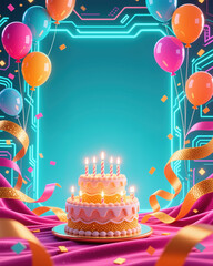 Vibrant birthday scene with cake, balloons, and confetti, featuring a digital background with neon lights, celebrating a special day in a modern style.