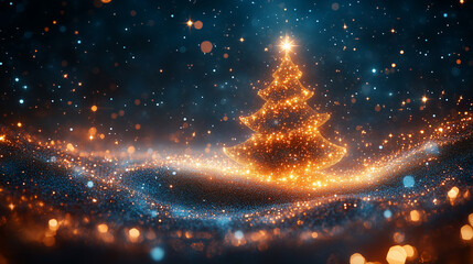 Christmas tree in shiny night. Abstract Background. Christmas tree with subtle golden lights on black background.
