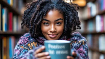 A woman with curly hair is holding a mug that says "Peace to all". She is smiling and looking at the camera