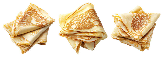 Folded golden pancakes shown isolated on white transparent background. Concept of breakfast, dessert, or snack