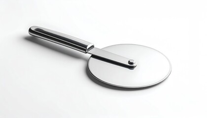Shiny Pizza Cutter on White: Minimalist Kitchen Utensil, Clean Design.