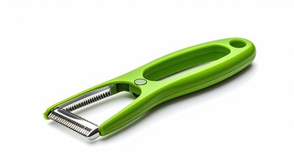 Vibrant Green Vegetable Peeler on White Background, Isolated Object.