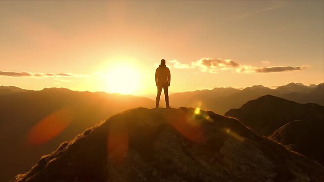 A lone silhouette of a successful hiker stands atop a high mountain peak overlooking vast ranges bathed in the glorious warm light of a breathtaking sunset
