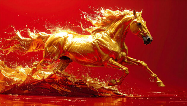 Golden Horse Galloping: A majestic golden horse, with a flowing mane and tail, charges forward across a vibrant red backdrop, a symbol of power, speed, and freedom. Imlek. Lunar Year. Generative AI.