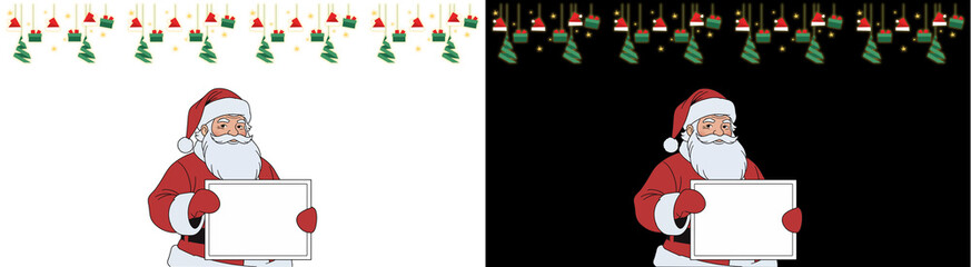 PNG image of Two cheerful santa claus characters holding blank white signs beneath festive hanging christmas stockings and decorations on transparent background