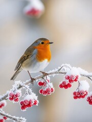 Robin bird perching on a snow-covered branch with red berries during winter. Nature scene for Christmas and holiday season.