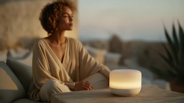 A smart-home scent diffuser accepting new aroma cartridges, each labeled with mood-enhancing blends as soft ambient light pulses during activation &mdash; wellness technology, personalized environments,