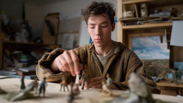 A stop-motion animator positioning miniature characters on a handcrafted set, adjusting frame-by-frame poses to bring an entire world to life &mdash; animation artistry and small-scale cinematic