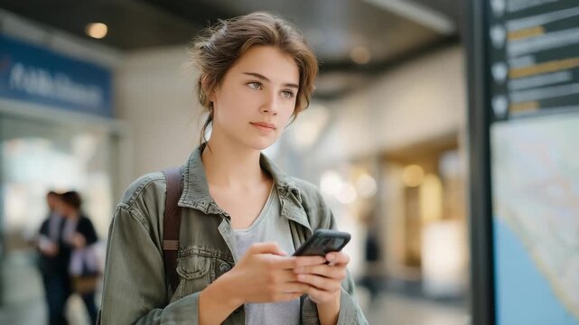 A student checking a digital campus map on their phone while standing near modern wayfinding signs &mdash; smart campus design, tech-integrated navigation, and first-day orientation vibes. cinematic